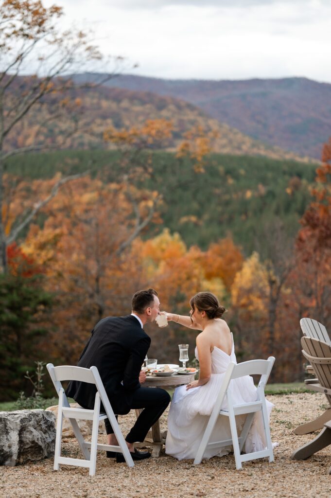 A luxurious Virginia wedding venue and couple eating dinner.